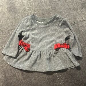 Gray Peplum Sweater with Red Flannel Pattern Bow Accents
